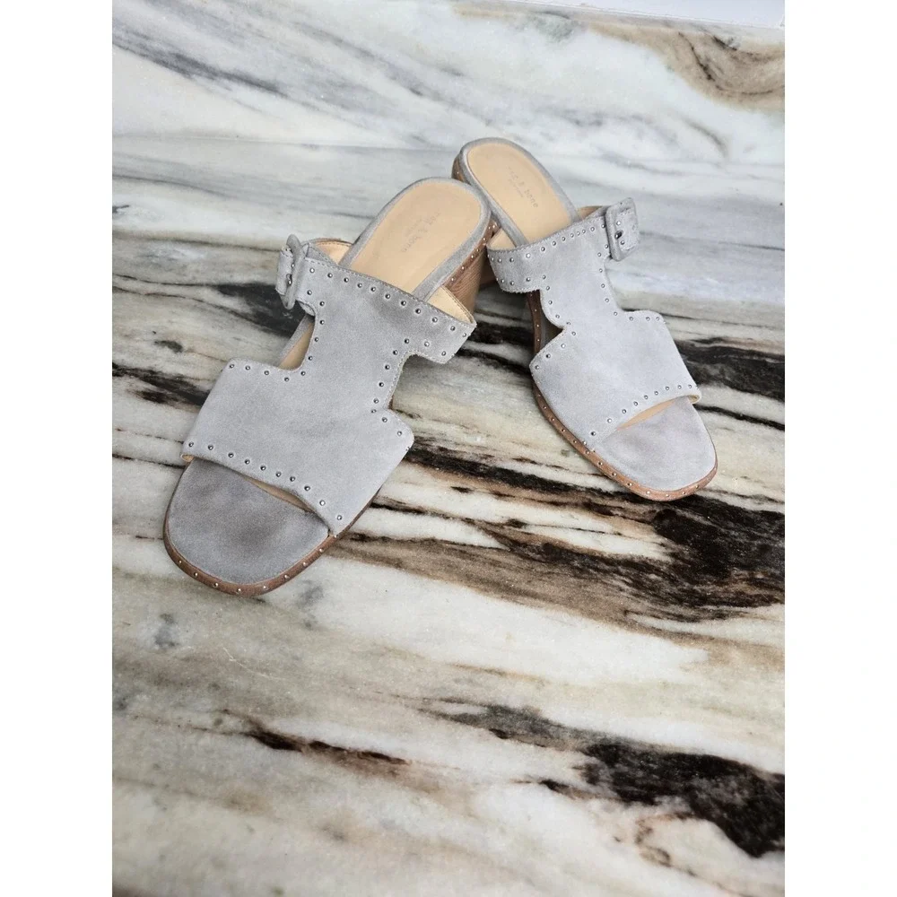 Rag & Bone Gray Suede Studded Open Toe Slip On Block Heels Sandals 37 Minimalist